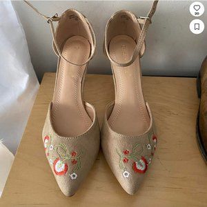 tan suede heels ankle strap flowers